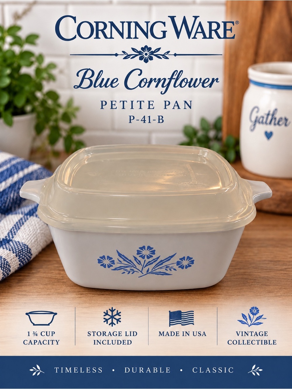 Vintage Corning Ware Blue Cornflower P-41-B Petite Pan w/ Storage Lid | USA
